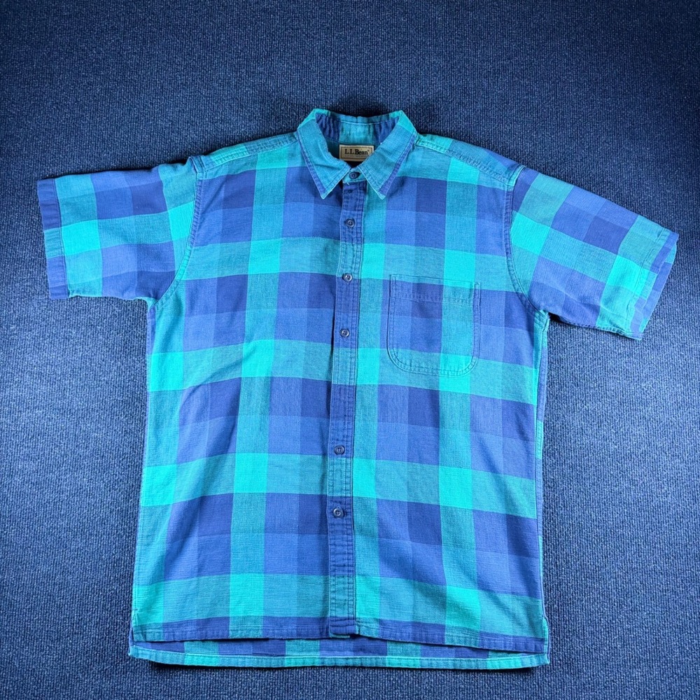L.L. Bean Cool Weave Shirt Mens M Pit47 Len30 Blue Teal Plaid Cotton